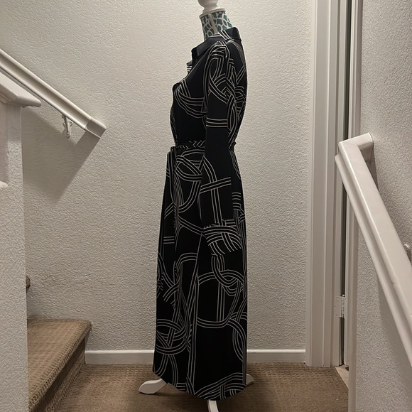 H&M Women’s Size Medium Long Satin Sheath Dress With Belt Black and White - Picture 4 of 14